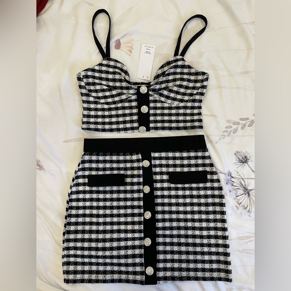 Missguided Black and White Checkered Top and skirt set